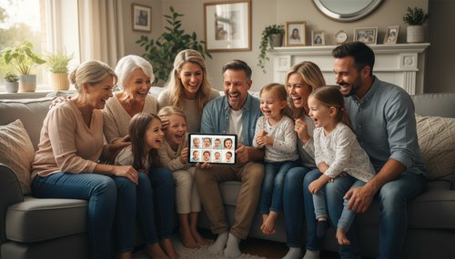A family sharing predicted baby photos on social media with happy reactions