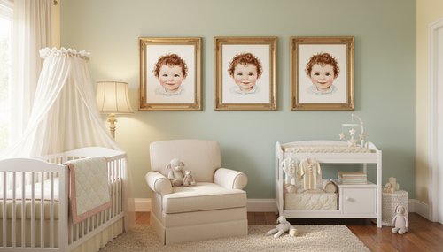 A beautiful nursery with predicted baby photos displayed in frames