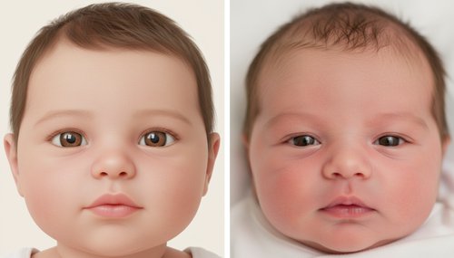 A side-by-side comparison of predicted baby photo and actual newborn photo