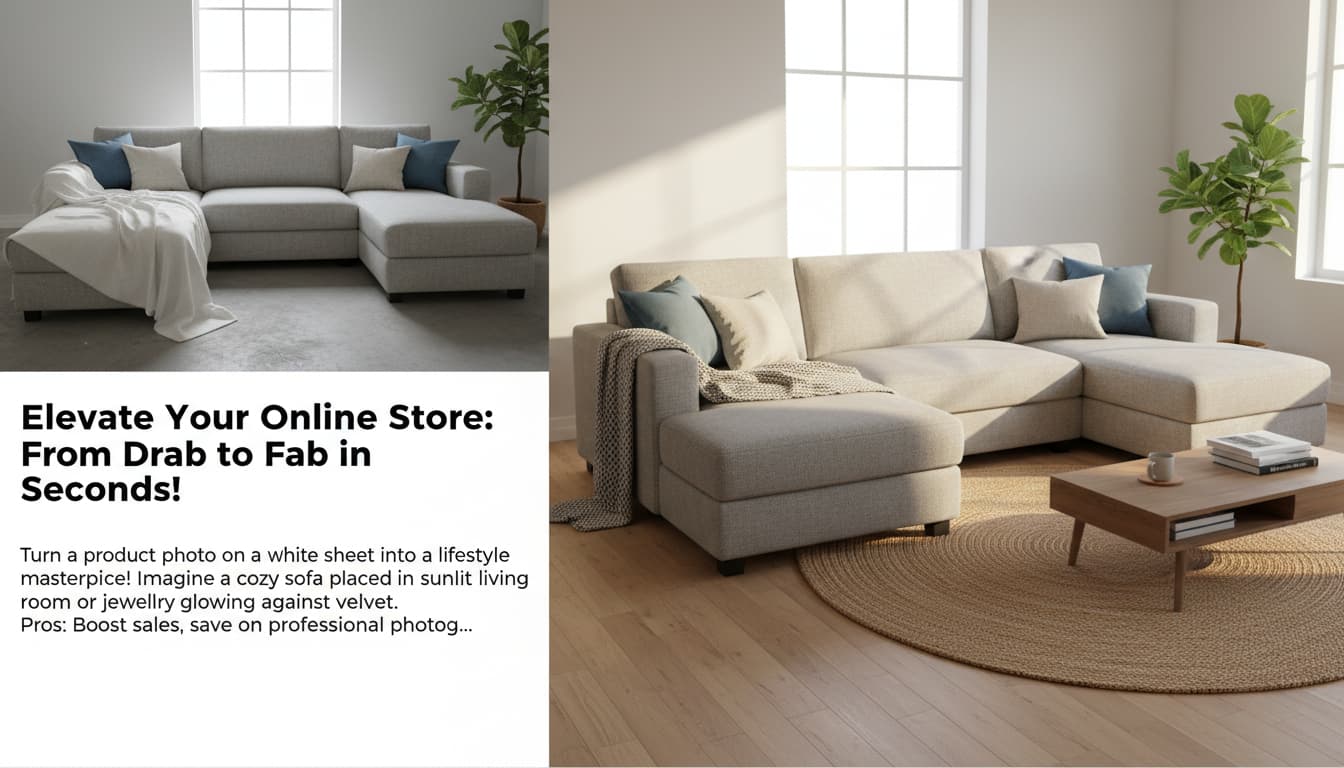 A sofa placed in a sunlit living room for an e-commerce product page