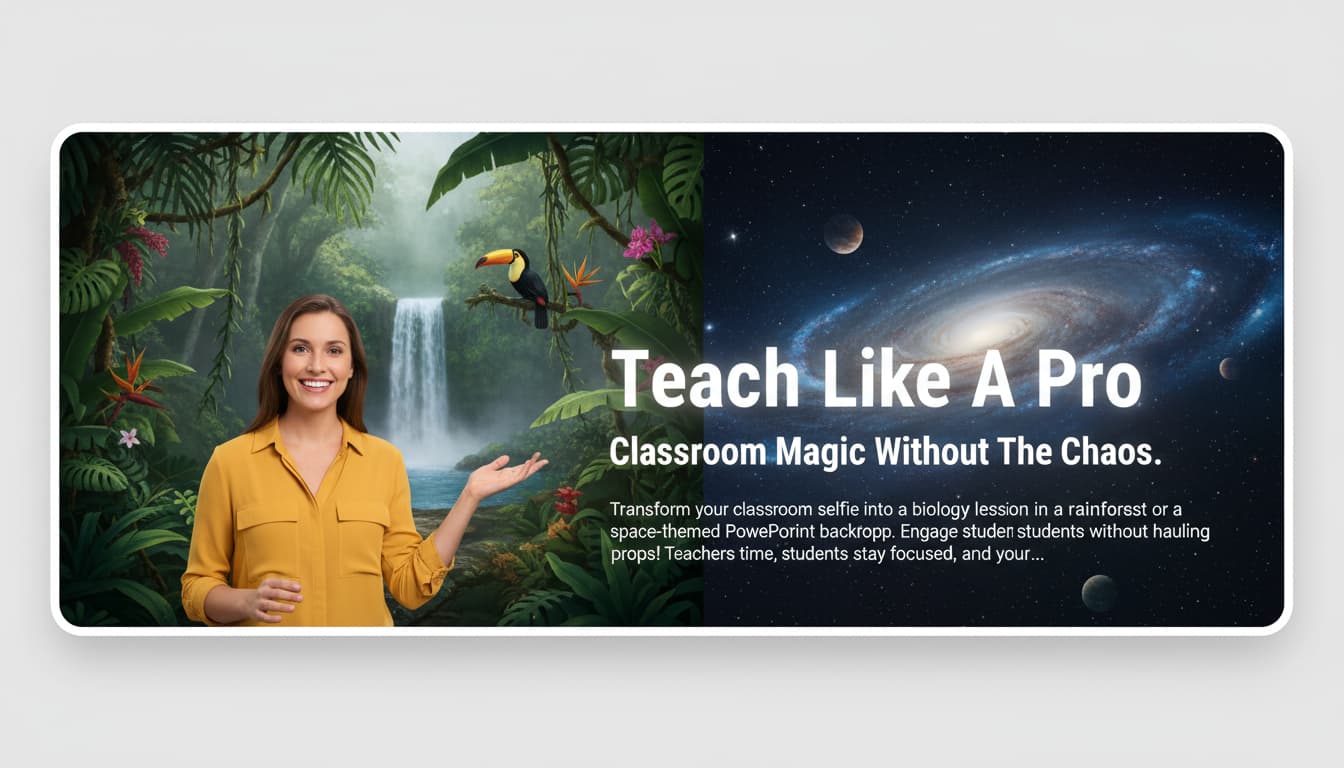 A teacher's photo with a jungle backdrop during a virtual class