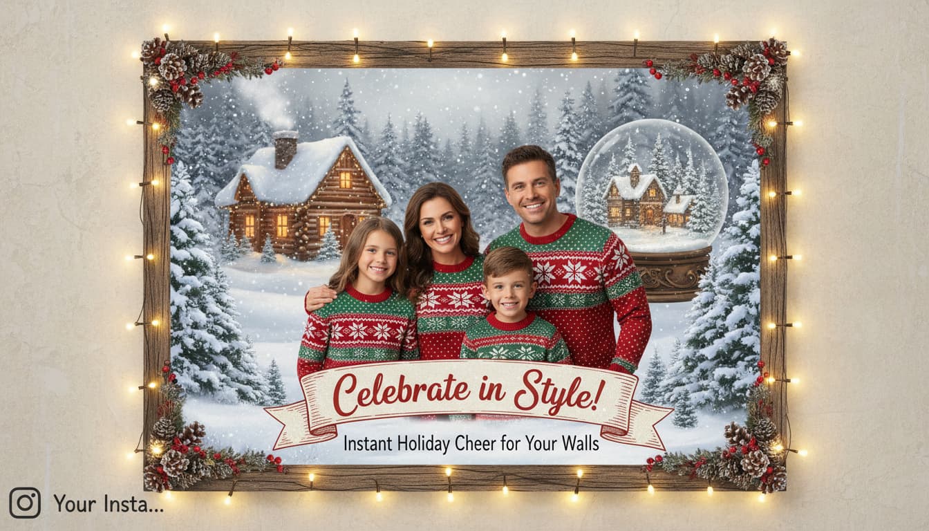 A family photo with a snowy holiday backdrop for a festive wall art
