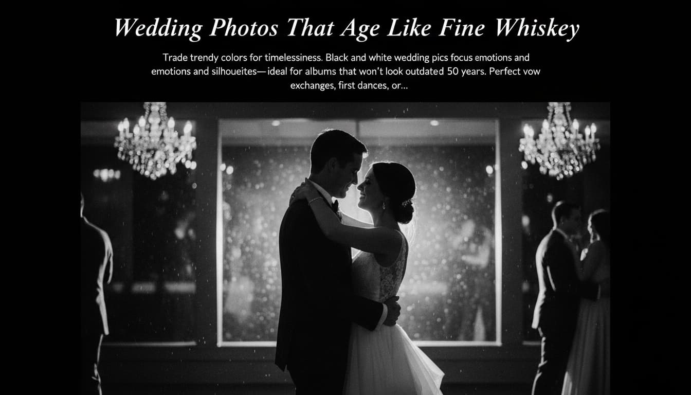 A black and white wedding photo with dramatic lighting highlighting the couple's embrace