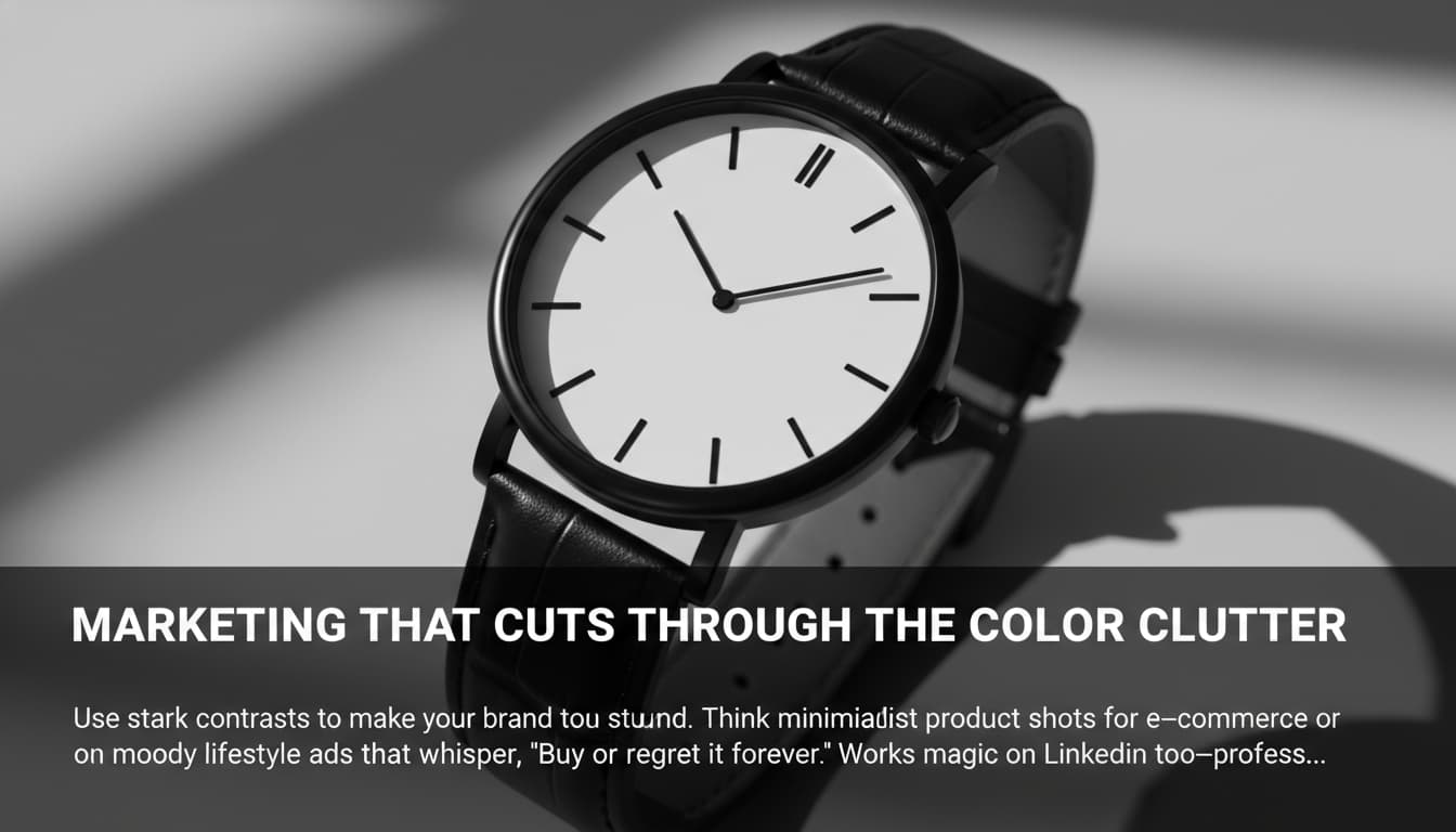 A sleek black and white product photo of a minimalist watch with bold typography