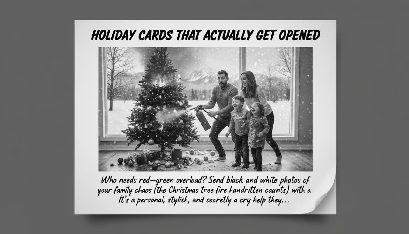A holiday card featuring a black and white family photo with snowy landscapes and handwritten text