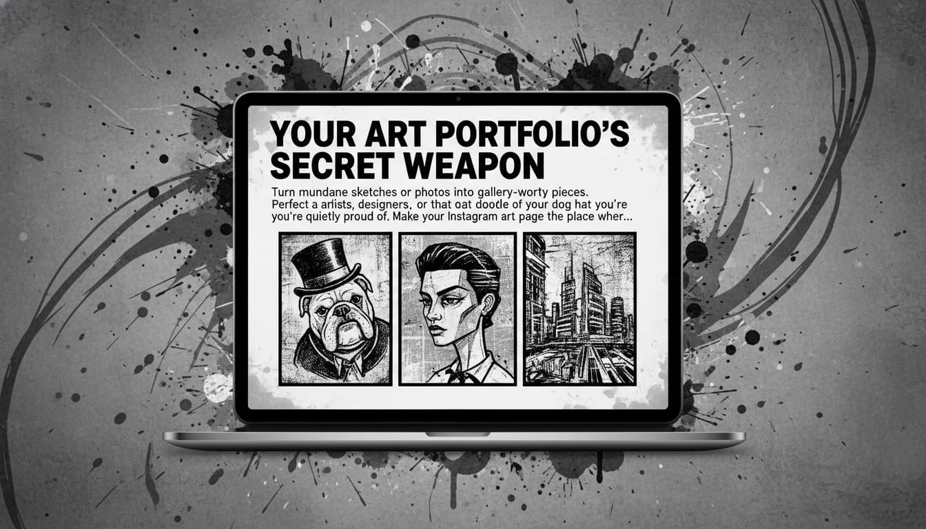 A digital art portfolio showcasing black and white sketches with bold outlines and textures