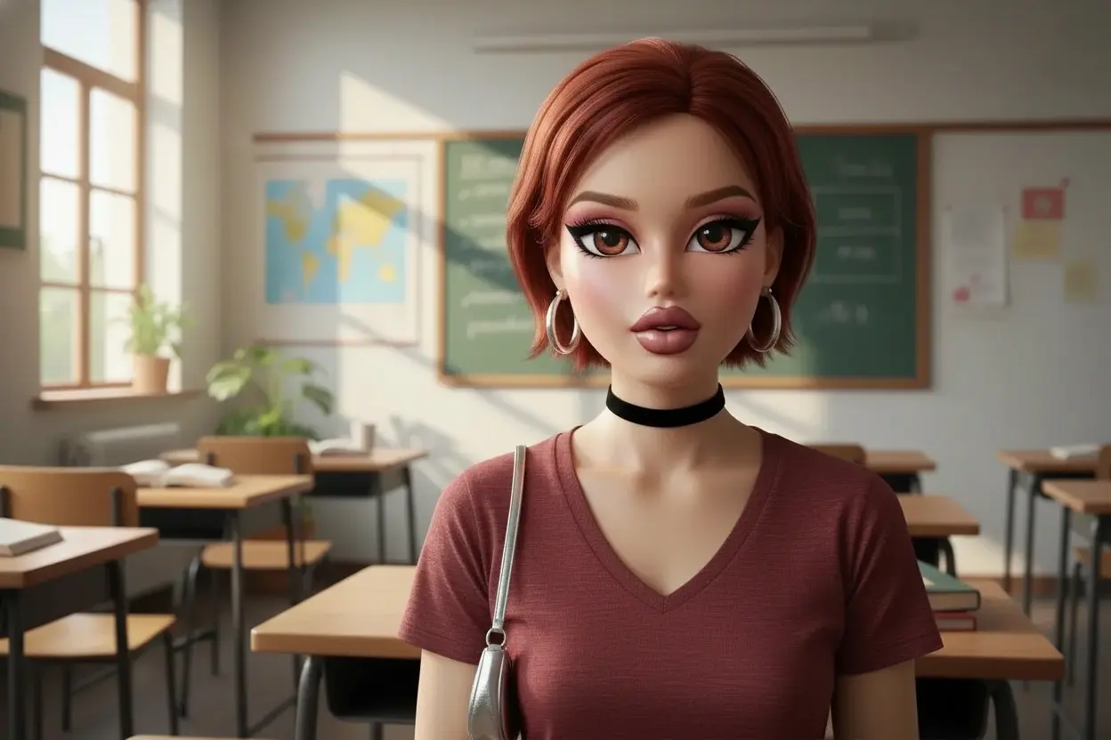 Bratz doll AI transformation result with big eyes and glossy makeup