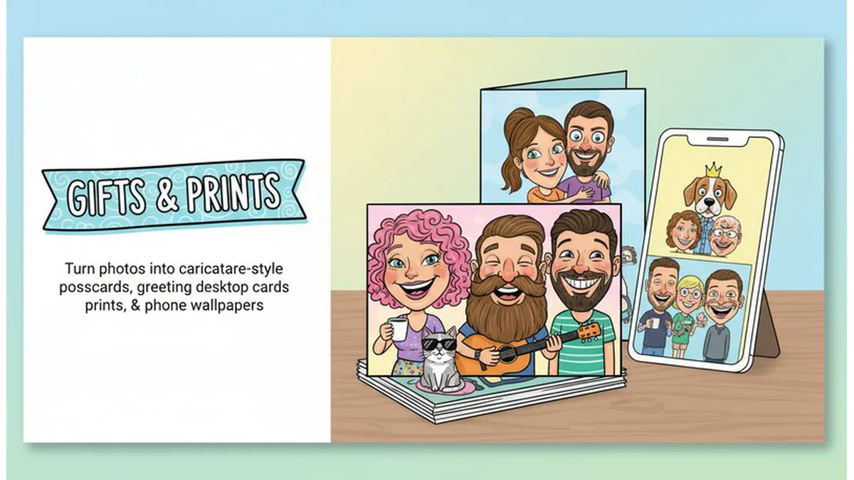 Caricature AI transformation for personalized gifts, greeting cards, and keepsakes