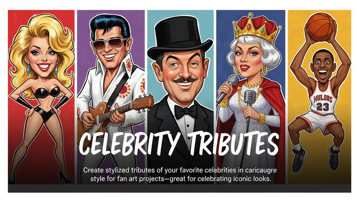 Caricature AI transformation for celebrity tributes and fan art with iconic illustrated exaggeration