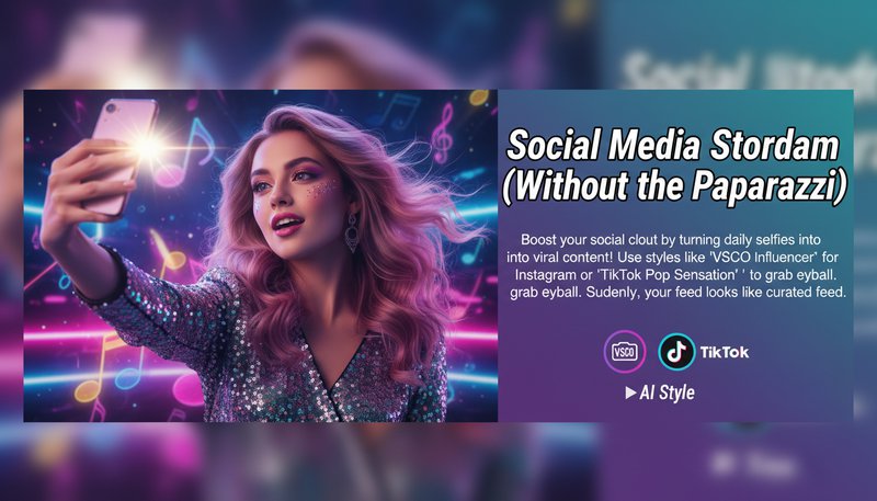 A TikTok-style video thumbnail with a user’s selfie styled like a pop star’s music video still