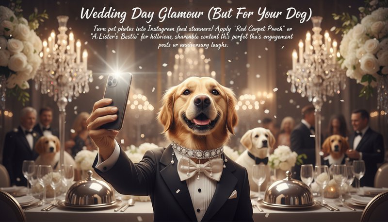 A playful photo of a dog styled like a celebrity at a luxury event, complete with a tiny designer collar