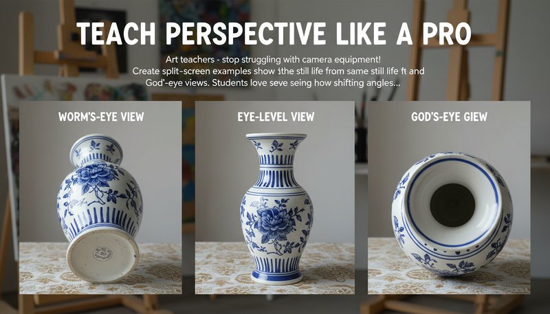 Three canvas panels showing the same vase from different heights