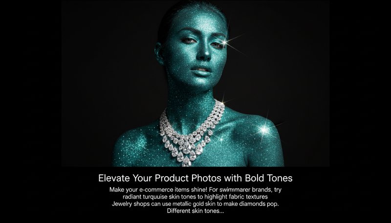 A model with glittery teal skin wearing a diamond necklace, set against a black background for online listings.