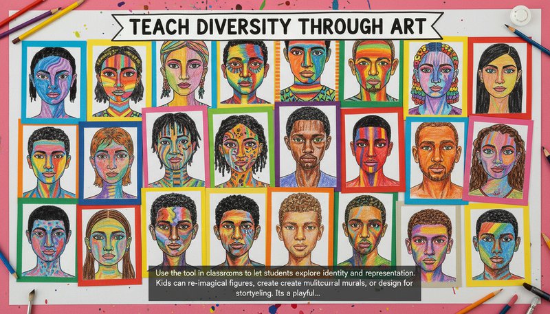 A classroom collage of student-designed portraits with rainbow skin tones and bold patterns.