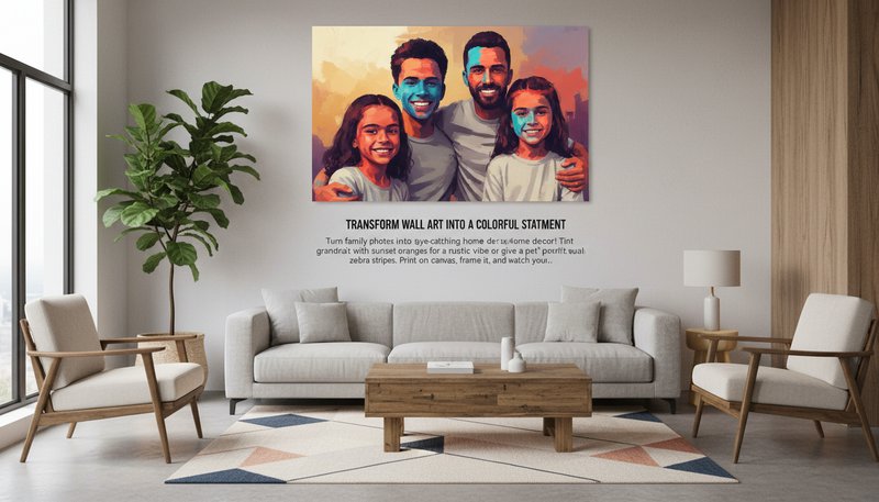 A living room with a large canvas print of a family in vibrant coral and turquoise skin tones.