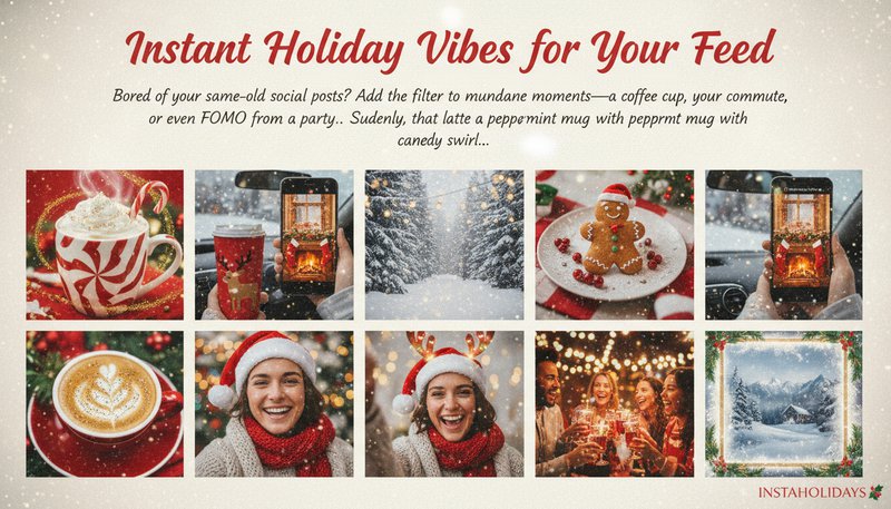 Social media grid with Filter Effect-applied images showing festive coffee cups and snowy landscapes