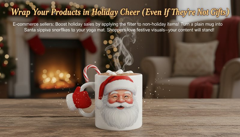 E-commerce product photo of a mug transformed with Filter Effect to look like Santa drinking cocoa