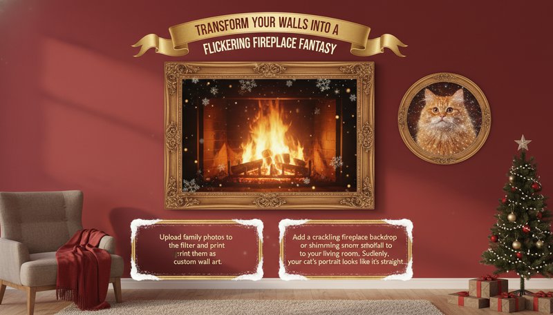 Living room wall with a framed photo of a fireplace scene created using the Christmas filter