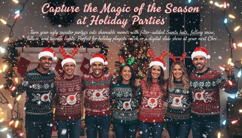 Group photo at a party with Filter Effect adding snowflakes and Christmas lights around the guests