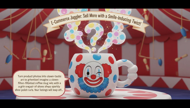 A product photo of a coffee mug transformed with a clown filter, showing a winking cup with polka-dot steam.