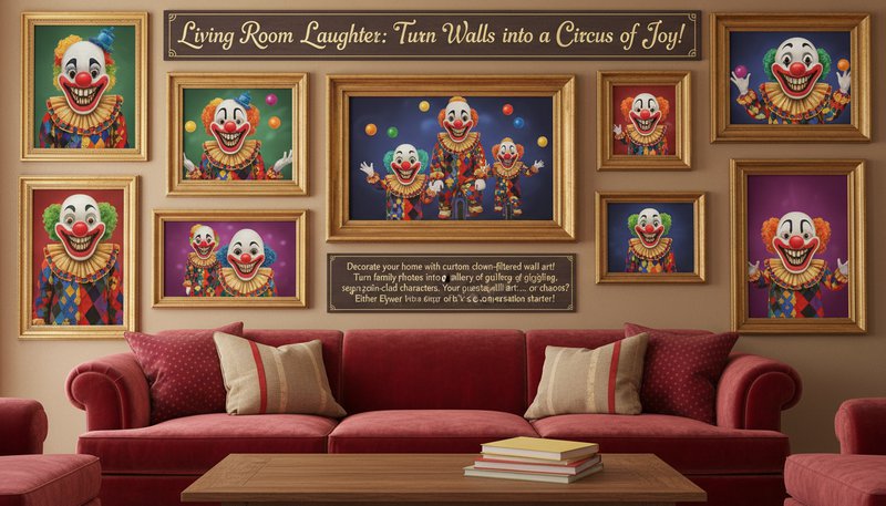 A living room wall displaying framed clown-filtered family portraits with oversized grins.