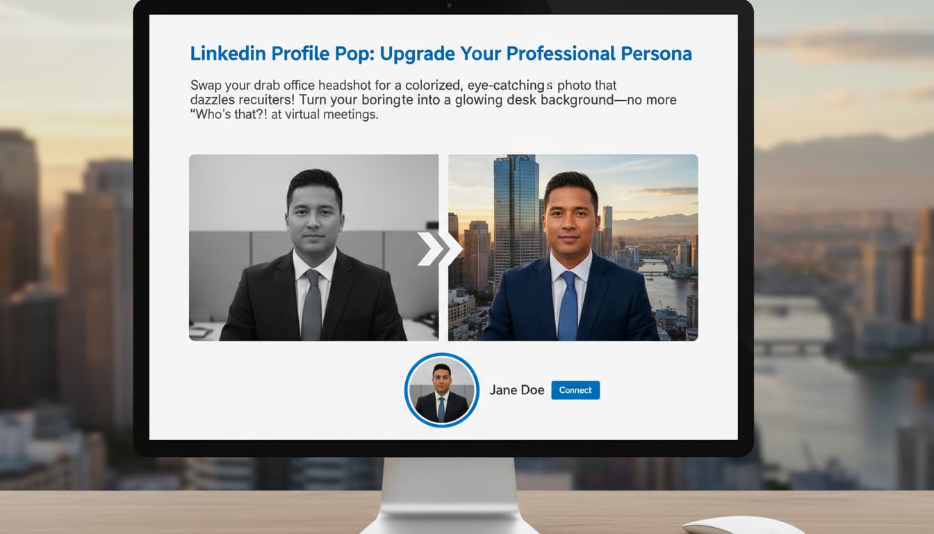 A LinkedIn profile showing a user’s grayscale office photo transformed into a colorful, professional headshot with a city skyline backdrop.