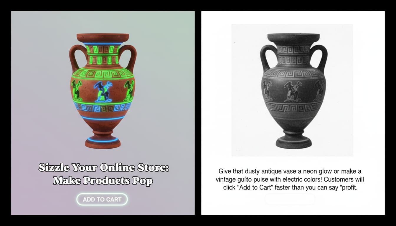 An e-commerce product page featuring a colorized antique vase with neon accents, displayed beside a plain grayscale image.