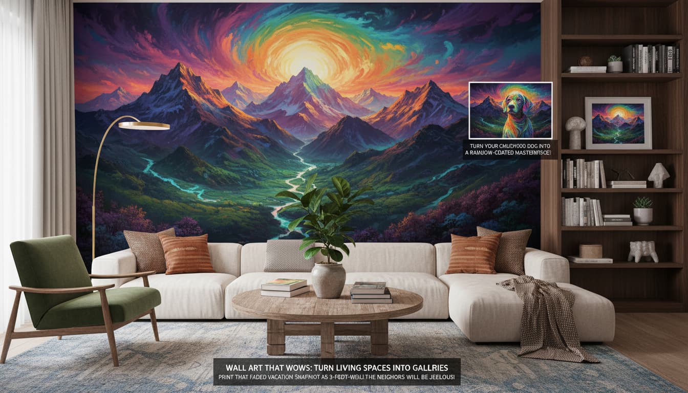 A living room wall adorned with a large colorized mural of a black-and-white mountain landscape, surrounded by cozy furniture.