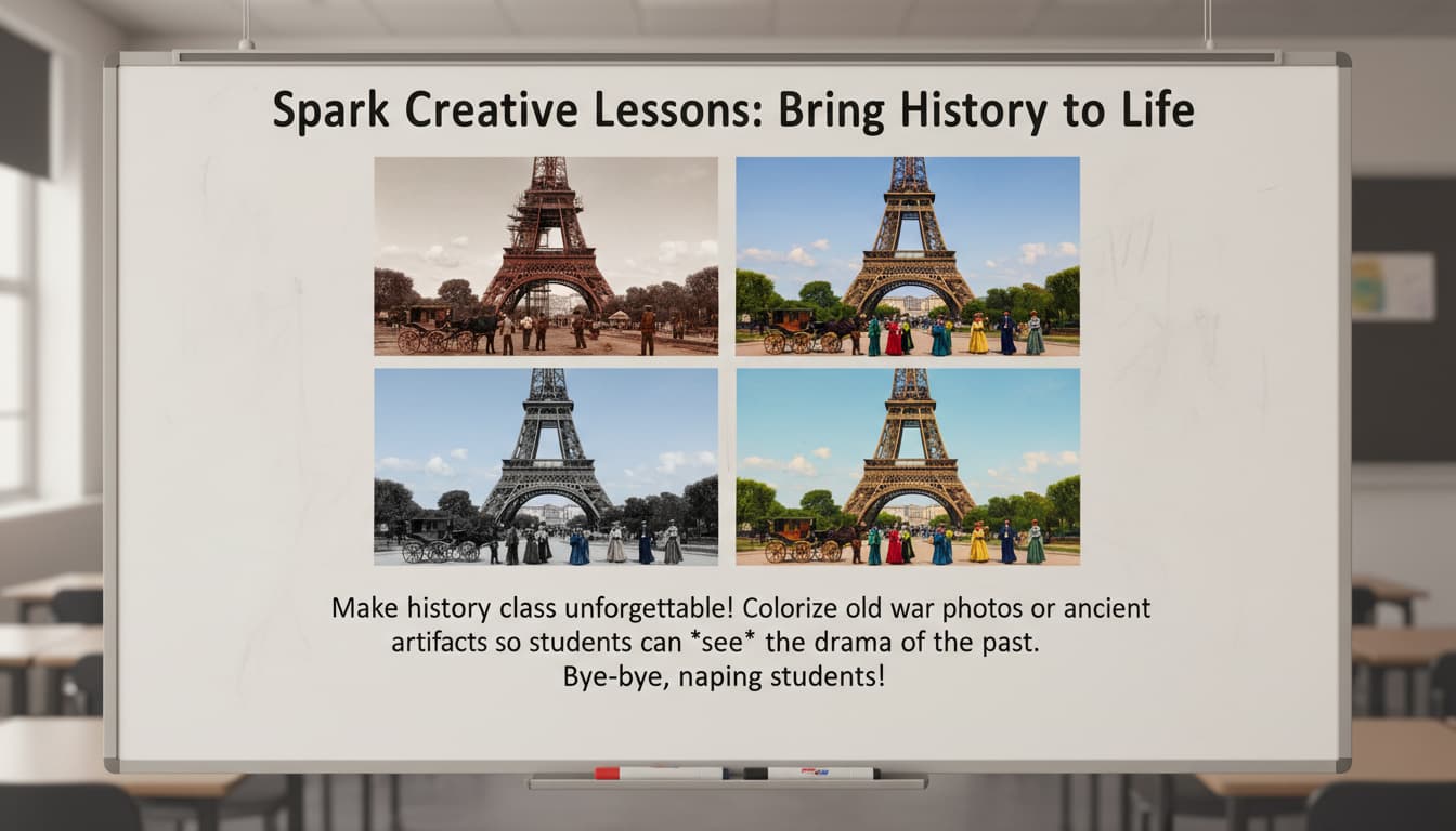 A classroom whiteboard displaying colorized historical photos of the Eiffel Tower beside their original black-and-white versions.