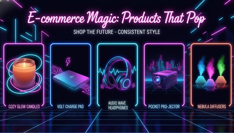 A row of stylized product photos with a unified retro neon aesthetic, creating a cohesive online store look.