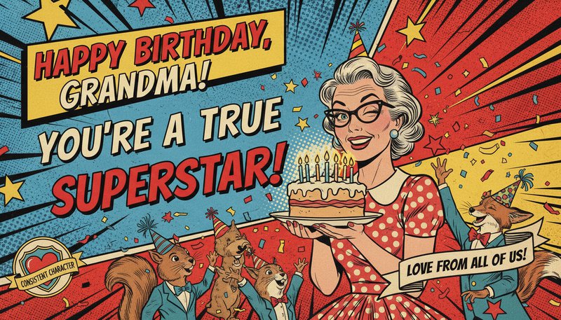 A birthday card illustrated in a vintage comic style, with personalized text and a cohesive artistic theme.