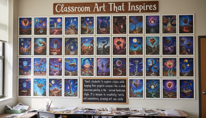 A classroom wall covered with student artwork in a unified surreal style, demonstrating consistency in creative projects.
