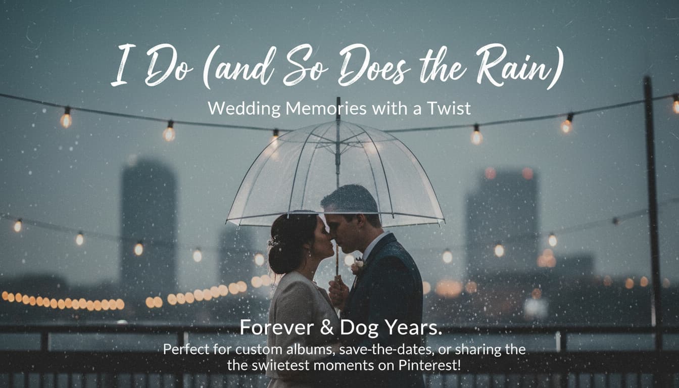 A wedding photo with 'I Do (and So Does the Rain)' text over a blurry, romantic umbrella backdrop