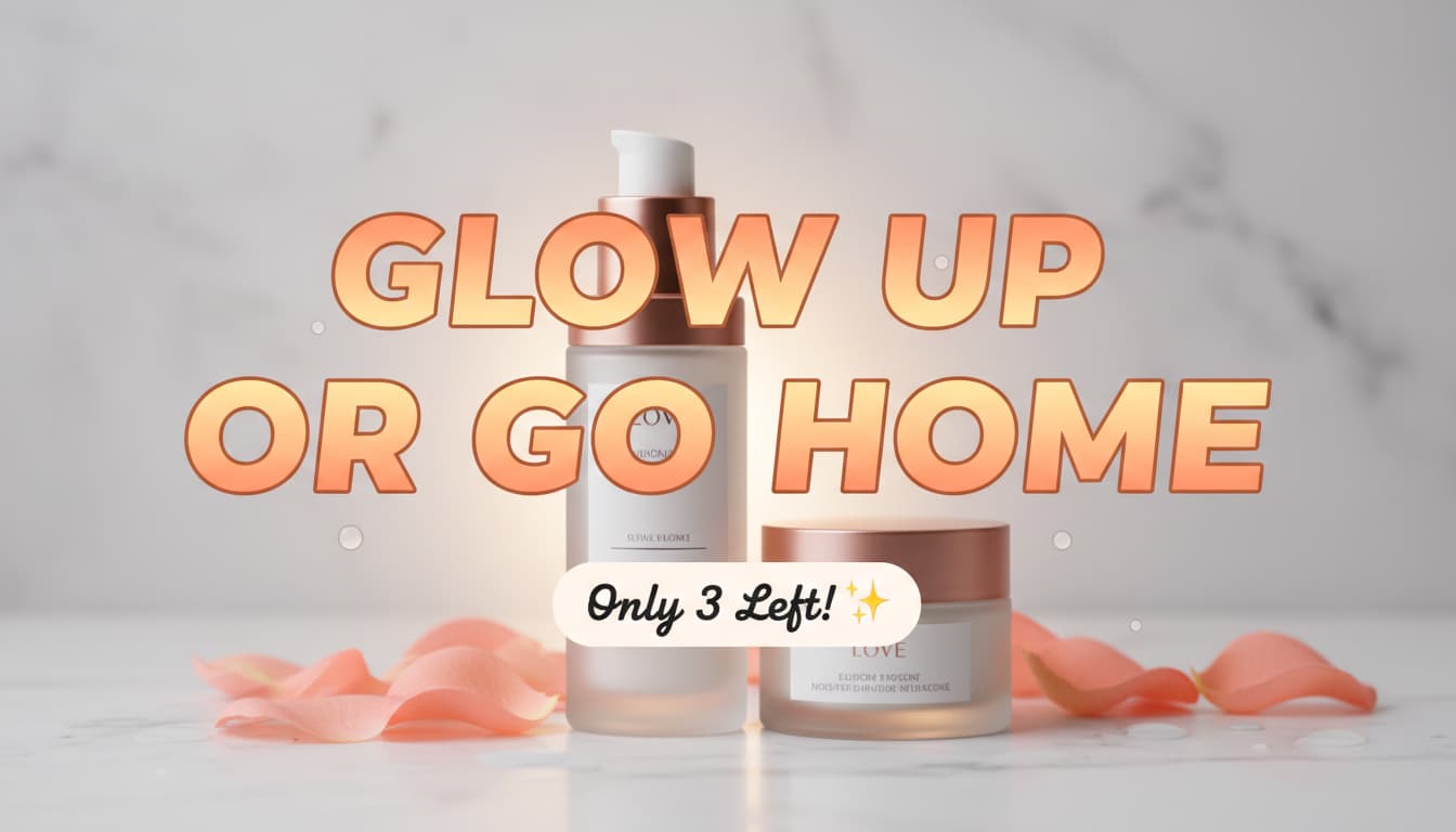 A skincare product photo with bold text reading 'Glow Up or Go Home'