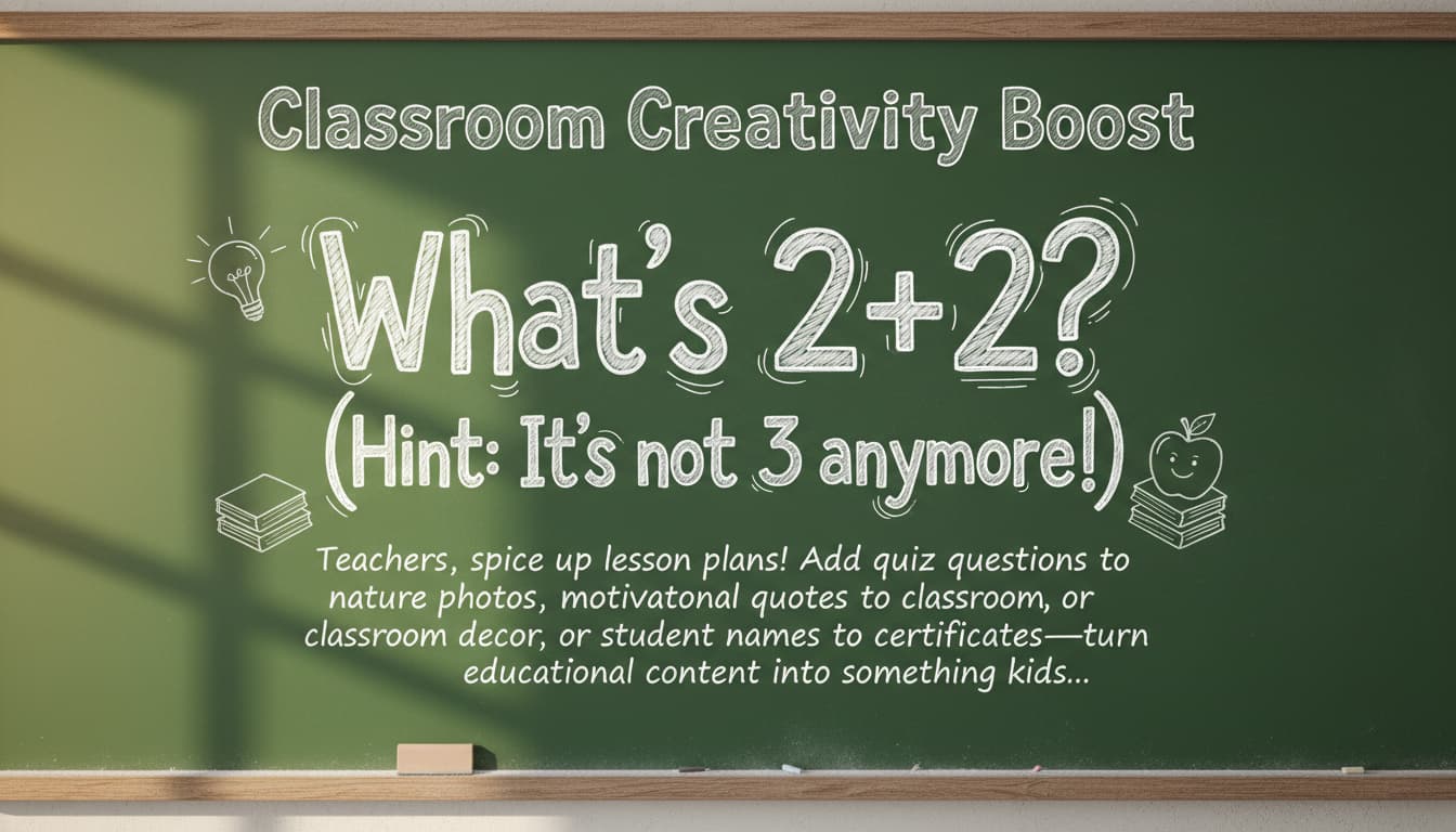 A photo of a classroom chalkboard with animated text asking 'What’s 2+2? (Hint: It’s not 3 anymore!)'