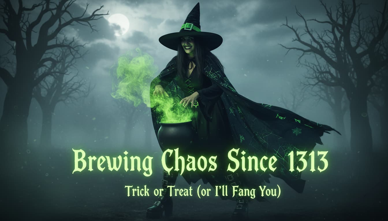 A witch costume photo with glowing green text reading 'Brewing Chaos Since 1313'