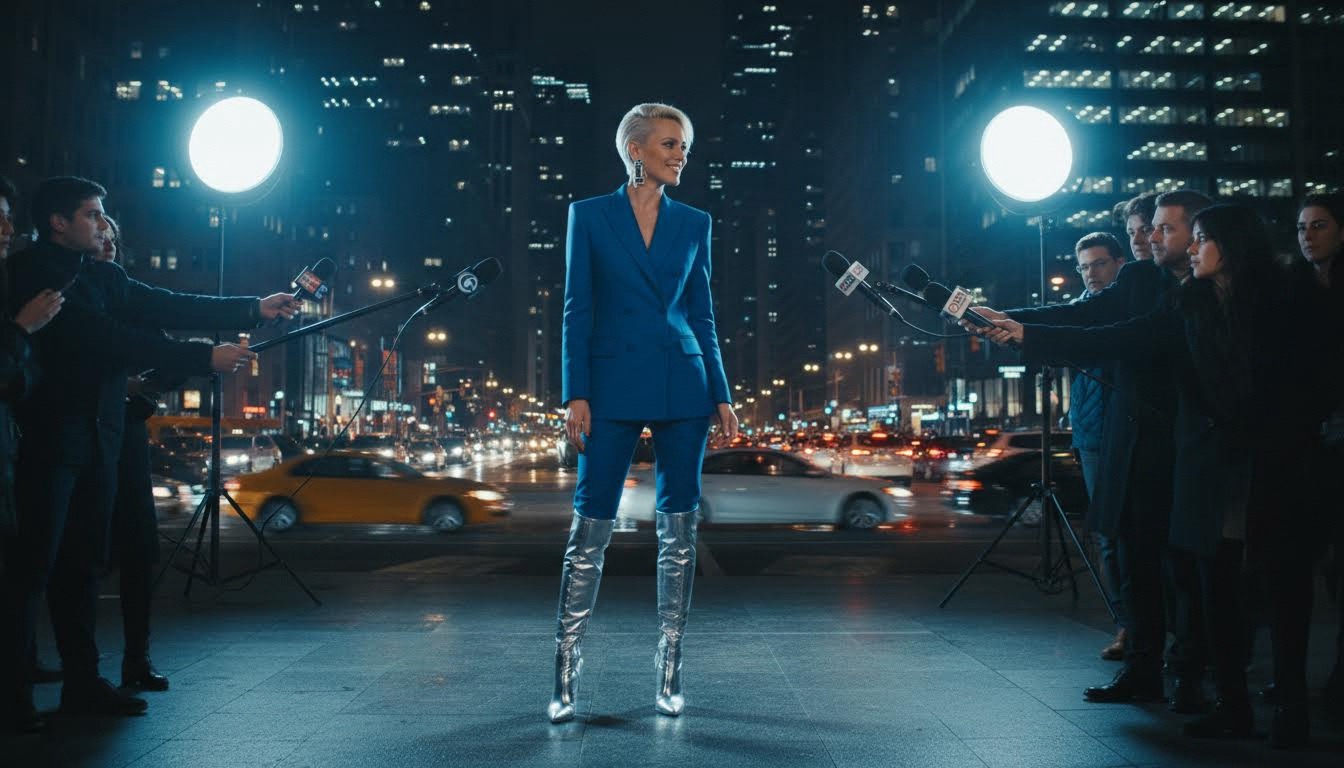 User wearing stylish outfit while reporters interview with microphones under camera flashes