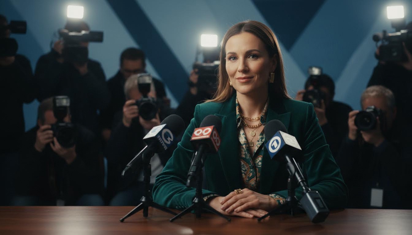 Uploaded user transformed into fashion media interview with press microphones and camera crew