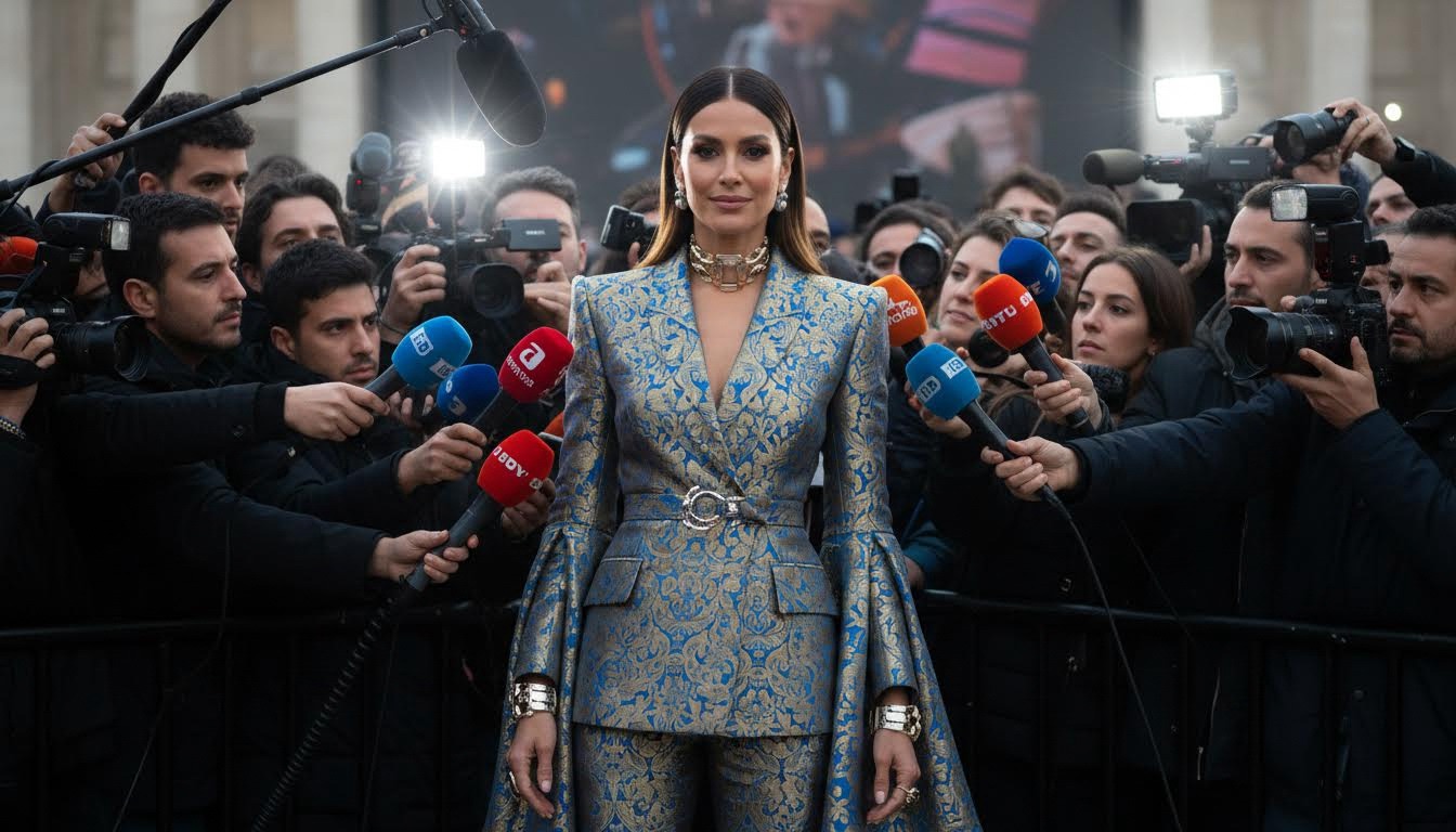 User standing in center while journalists and microphones surround during fashion interview