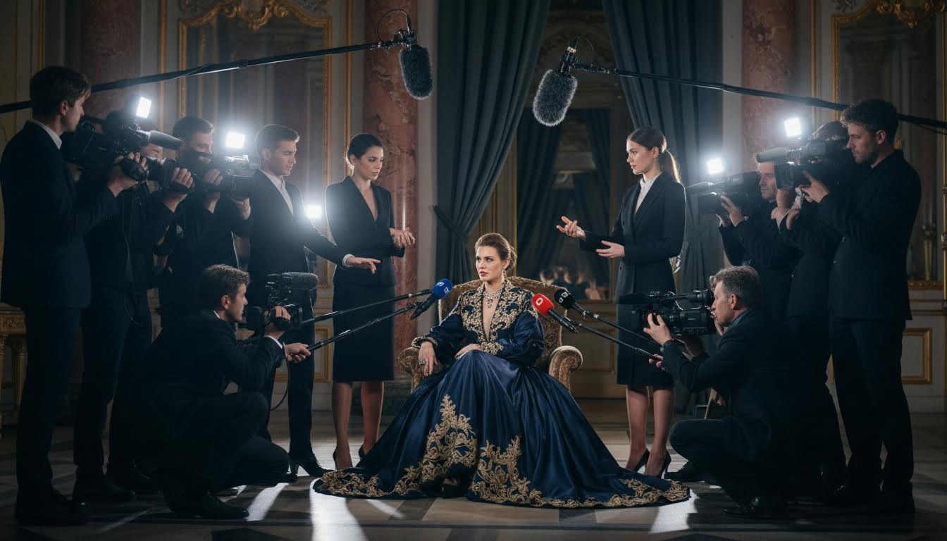 Fashion interview concept image with user as main subject and flashing press cameras