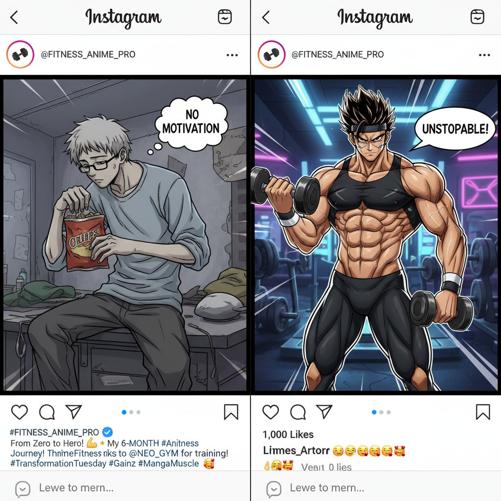 Social media ad mockup showing a before/after transformation from casual jogger to muscular athlete with text 'Your Next Workout Starts Here!'