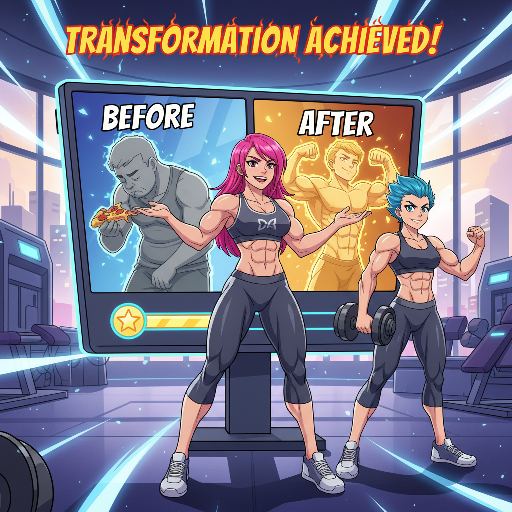 Fitness transformation social media post, before after comparison, Instagram style