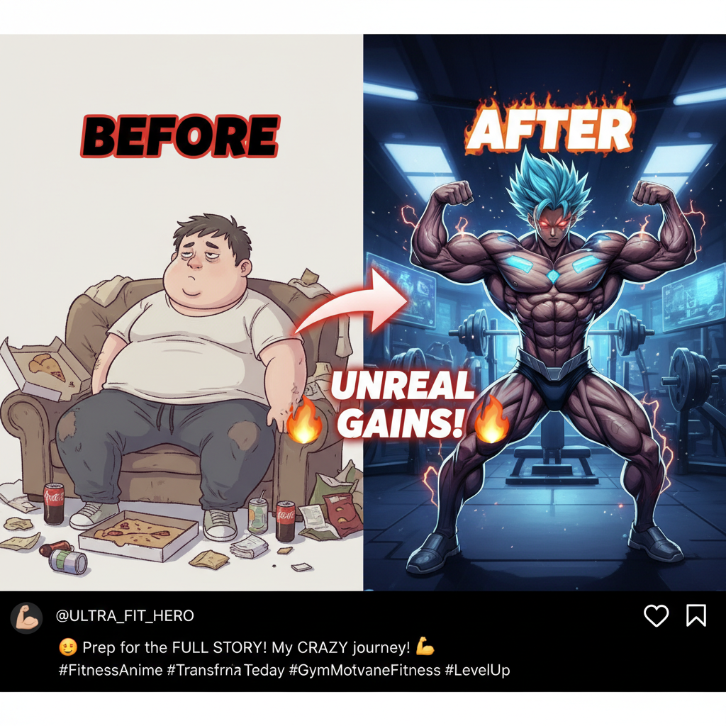 Social media ad mockup showing a before/after transformation from casual jogger to muscular athlete with text 'Your Next Workout Starts Here!'