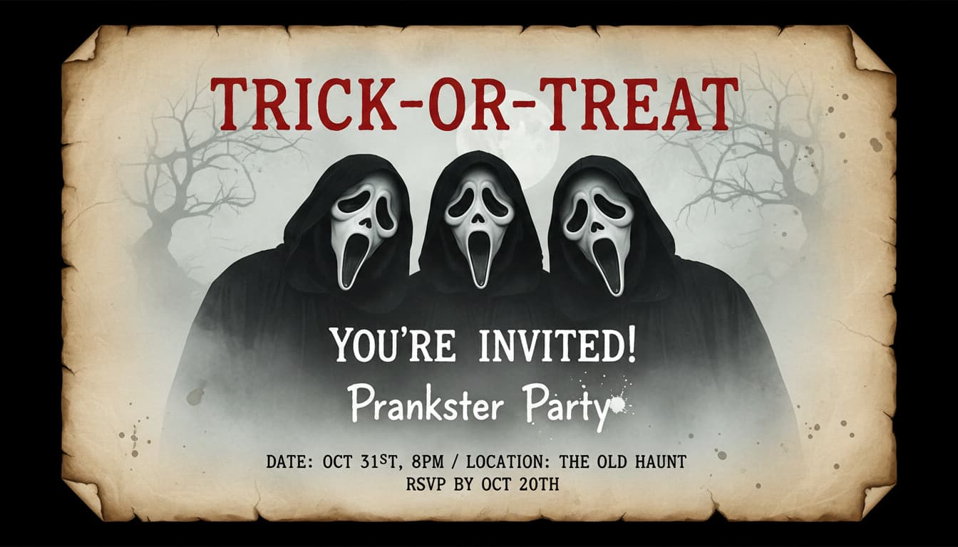 A personalized birthday card with a Ghostface-style photo of the recipient and eerie glitter accents