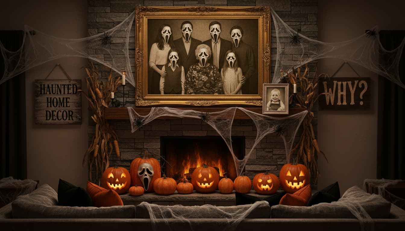 A living room wall displaying large Ghostface-style family portraits with eerie lighting