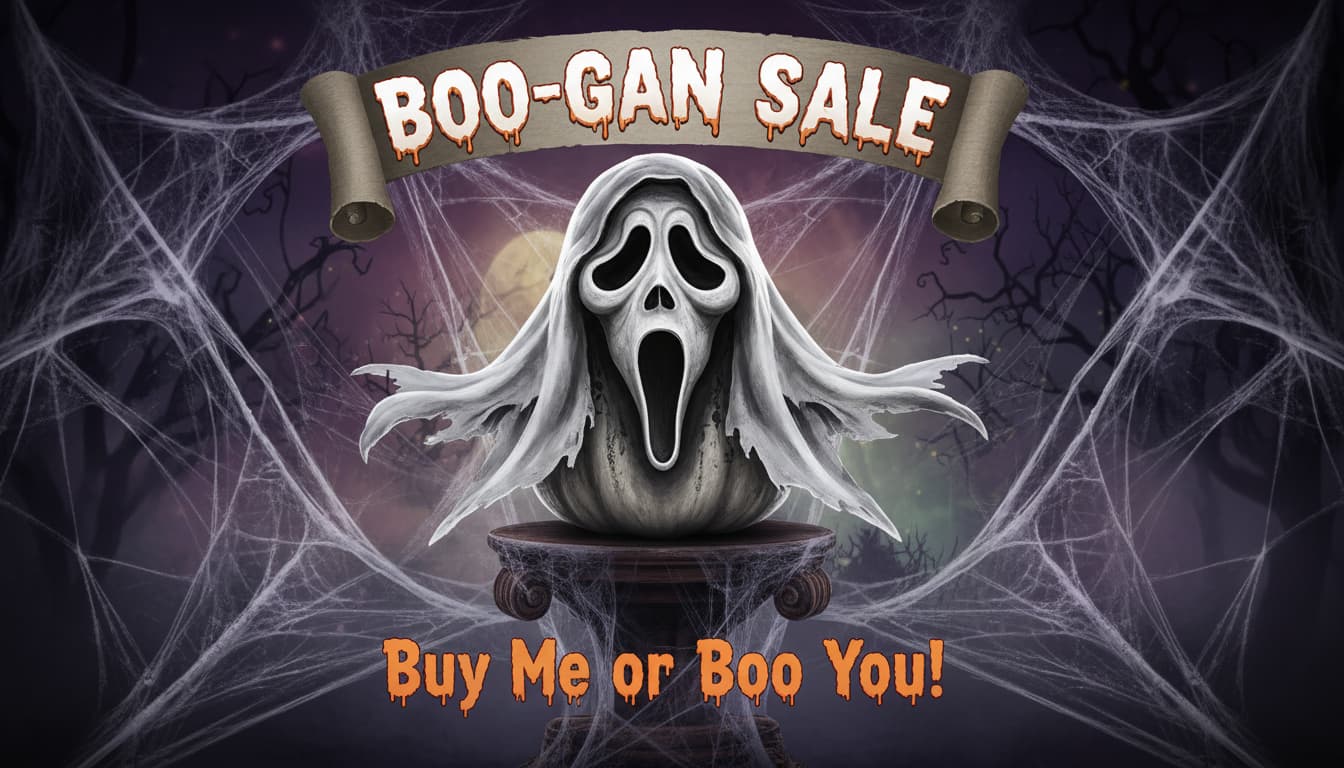 A classroom whiteboard showing Ghostface-style student photos next to spooky story prompts