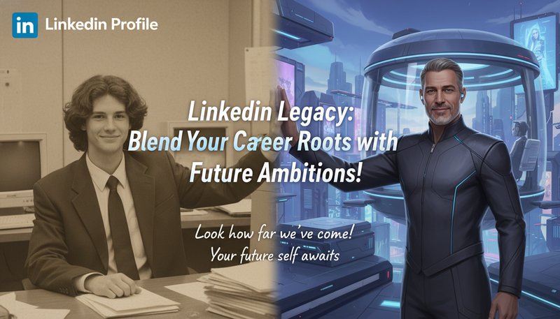 LinkedIn profile with a header merging a user's old office photo with a futuristic career vibe