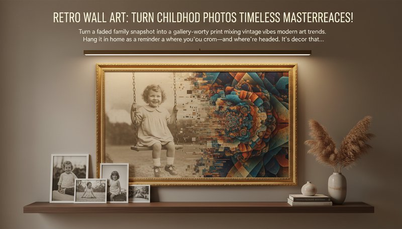 Living room wall with a large framed print blending a child's photo with abstract digital patterns
