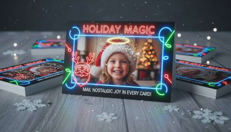 Stack of holiday cards showing a user's transformed photo with snowflakes and neon holiday lights