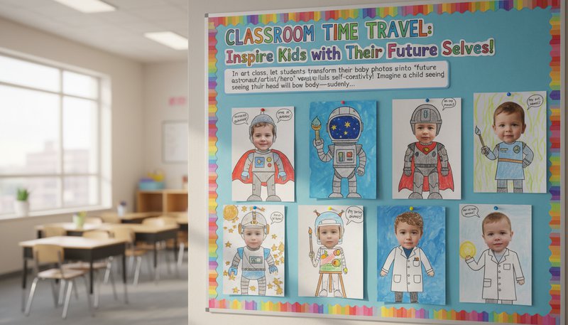 Classroom display of student artworks showing mixed-style portraits of kids as futuristic versions of themselves